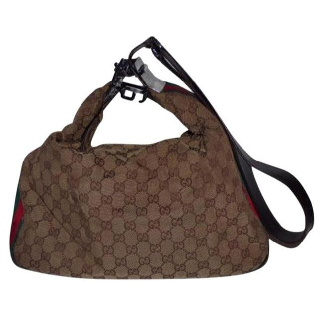 Gucci, brown large logo fabric/leather, large size, Tom Ford era 'Attache' hobo style bag with red/green stripe, G latch top & chrome hardware!