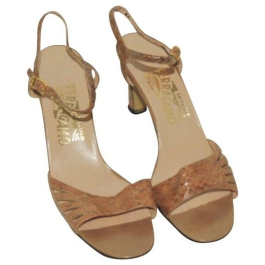 Ferragamo Tan Snakeskin Open Toe Sandals