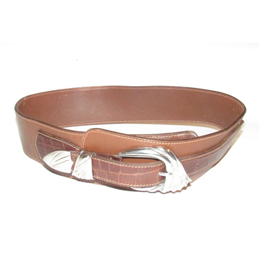 Vintage Gucci, wide, asymmetrical, brown crocodile & smooth leather belt with sterling silver hardware