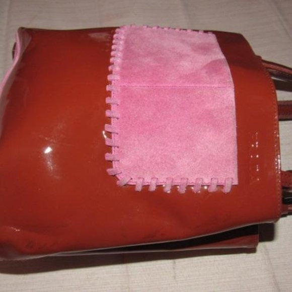 Prada Vintage Red Patent Leather And Pink Suede Petite Whipstitched Tote Bag