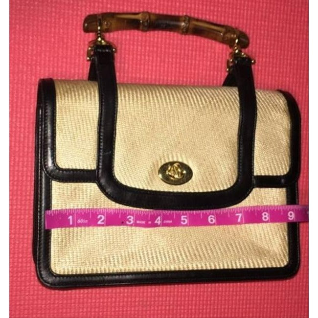 Gucci Box Handle Lunch Black Leather And Ivory Raffia Fabricraffia With Bamboo Satchel