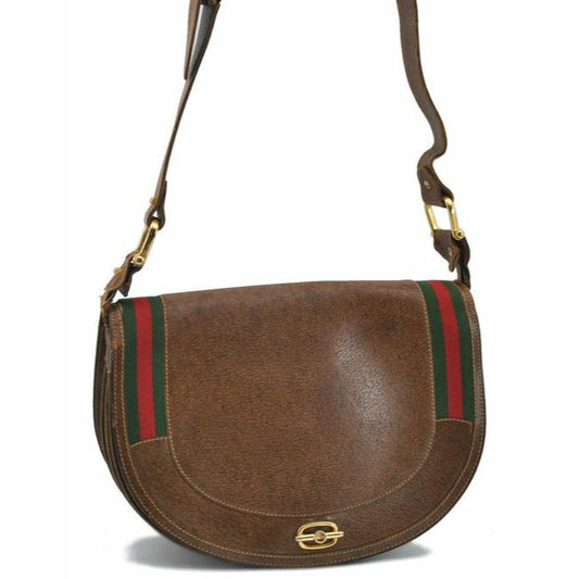 Early Gucci, brown leather saddle bag style, XL two-way shoulder bag or clutch with red and green striped edges