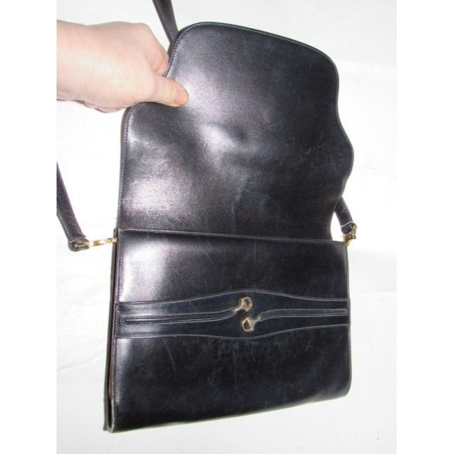 Gucci Horsebit Vintage Glossy Black Leather With Gold Equestrian Accents