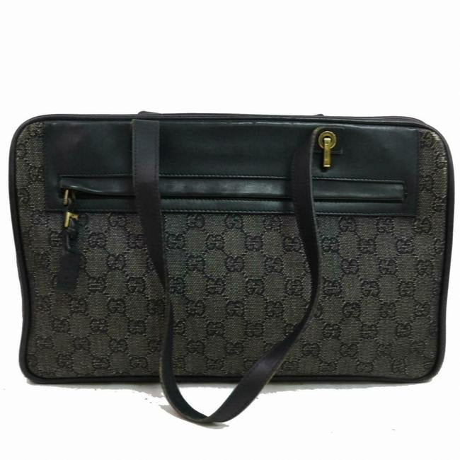 Gucci Tom Ford Era Vintage Purse Black Large G Logo Print On Grey Canvas And Black Leather Satchel