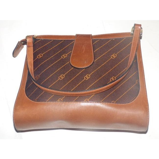 Gucci Vintage Shades Of Brown With Diagonal Rust Logo Print Leather Satchel