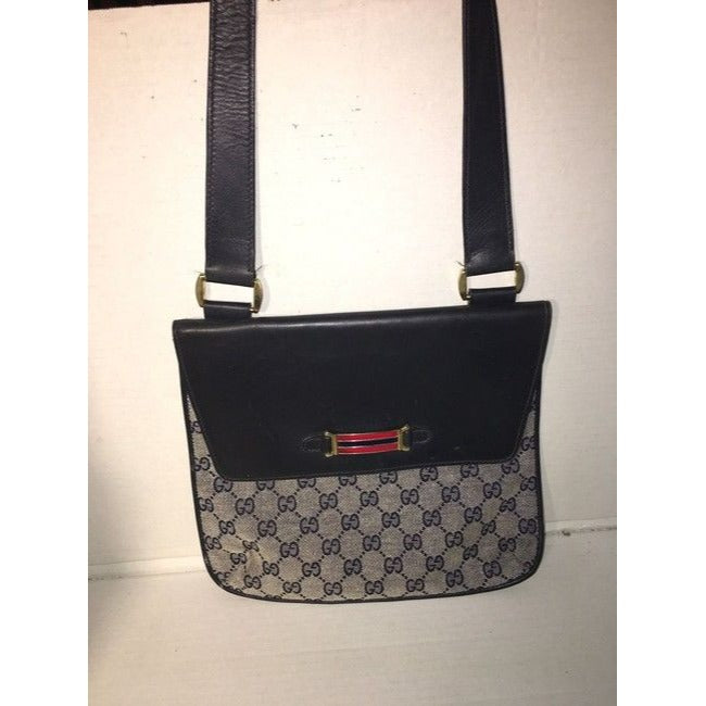 Gucci Vintage Navy Leather And Large G Logo Print Canvas With An Enamel Accents