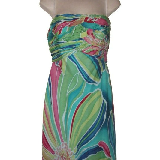 David Meister Multi Colored Print Silk With A Rusched Strapless Top