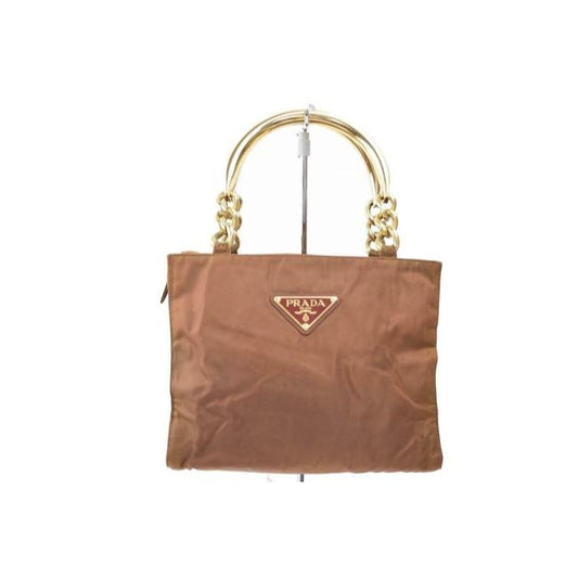 Prada Brown Iridescent Nylon And Brown Leather With Heavy Gold Handles Satchel