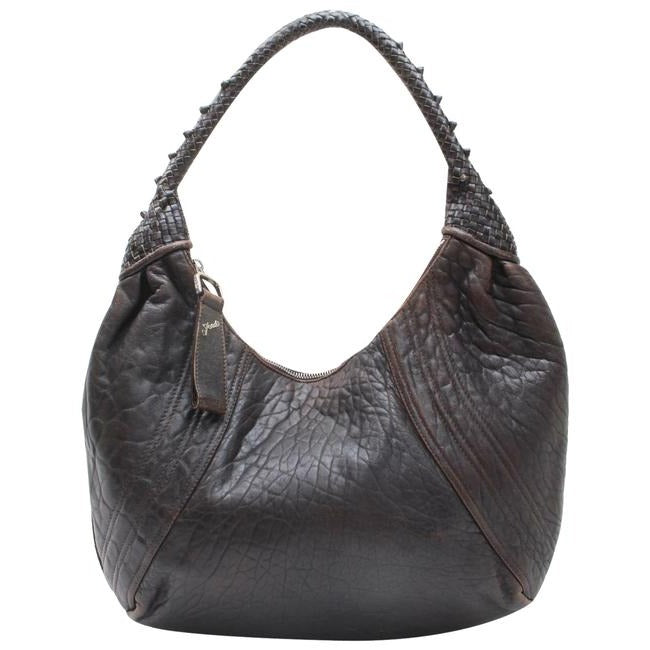 SALE! Fendi Spy Style Purses Supple Brown Leather With Woven Leather Details Hobo Bag