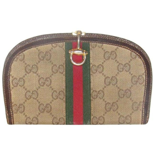 Gucci Brown Large G Logo Print Canvas And Leather With An Inlaid Red-Green Sherry Stripe And Hinged H