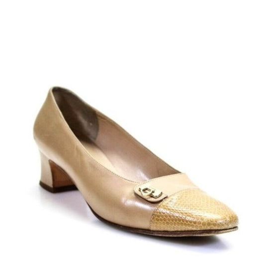 Salvatore Ferragamo Camel Leather Heels Pumps with Chrome Gancini Accent