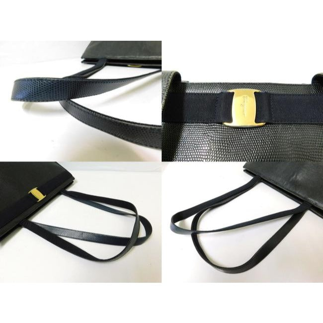 Salvatore Ferragamo Xl Style Purse Black Textured Leather With Gold Vara Accent Lizard Embossed Satc