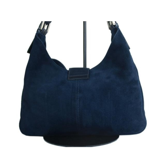 Fendi Shoulder Bag Hobo W Suedeleather V Shaped Style Clasp Blue Suedeblack Enamel Ff And Leather Sa