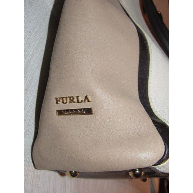 Furla Black, Ivory, Dark Brown, & Latte, Leather Color Block Design Satchel/Tote