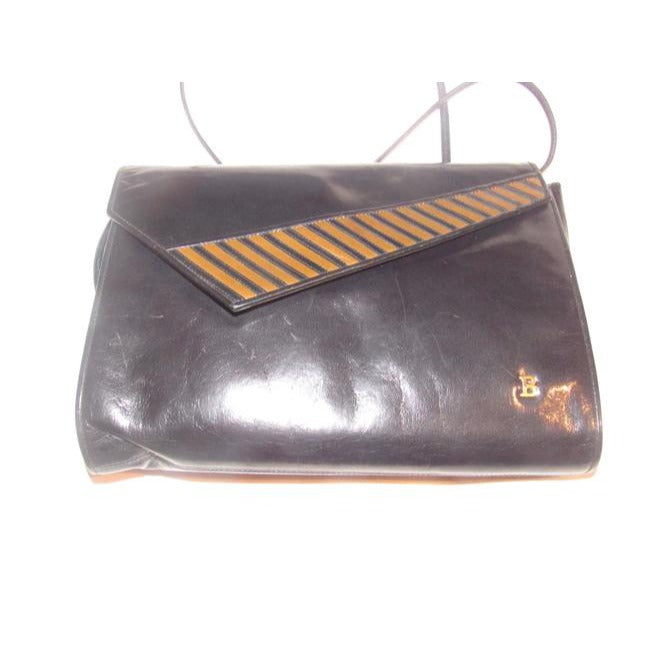 Bally Vintage Pursesdesigner Purses Black Glossy Leather With Asymmetrical Brown And Black Striped E