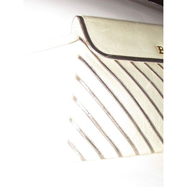 Bally Vintage Pursesdesigner Purses Greenish Gold Leather With Silver Striped Accents Shoulder Bag