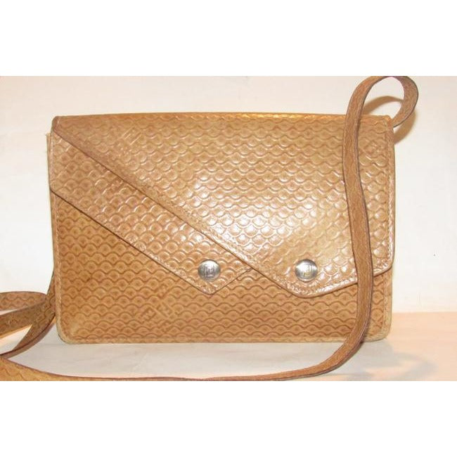 Fendi Clutch Early Sas Two Way Bodyshoulder Purse Camel Tooled Leather Embossed Or Cross Body Bag