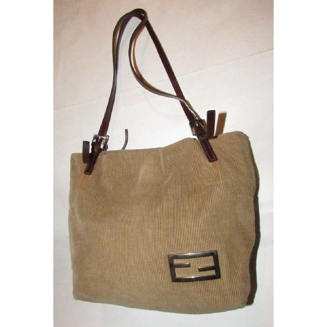 Fendi Or Satchel Style Purses Camel Corduroy And Brown Leather With Chrome Hardware Tote