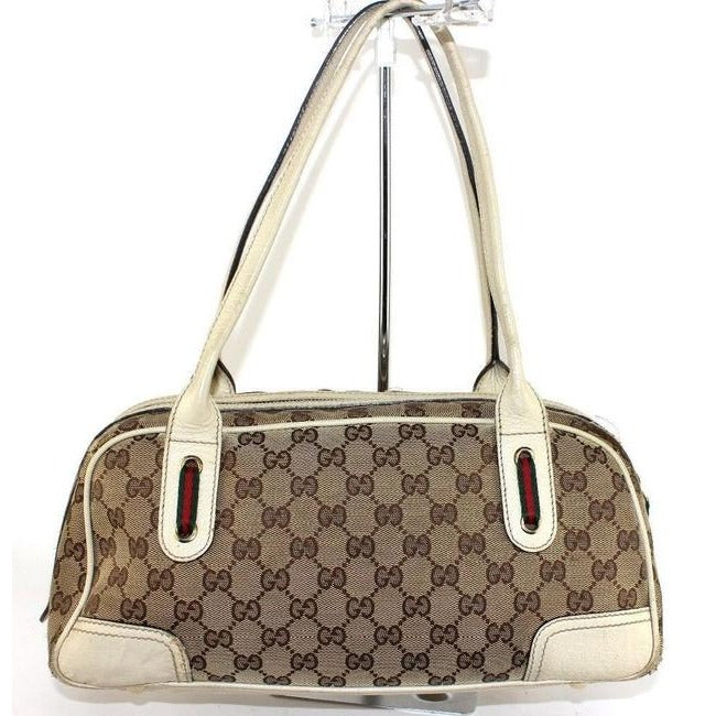 Gucci W Print Canvasleather Sherry Stripe Accents Brown Guccissimawhite Leathercanvas Satchel