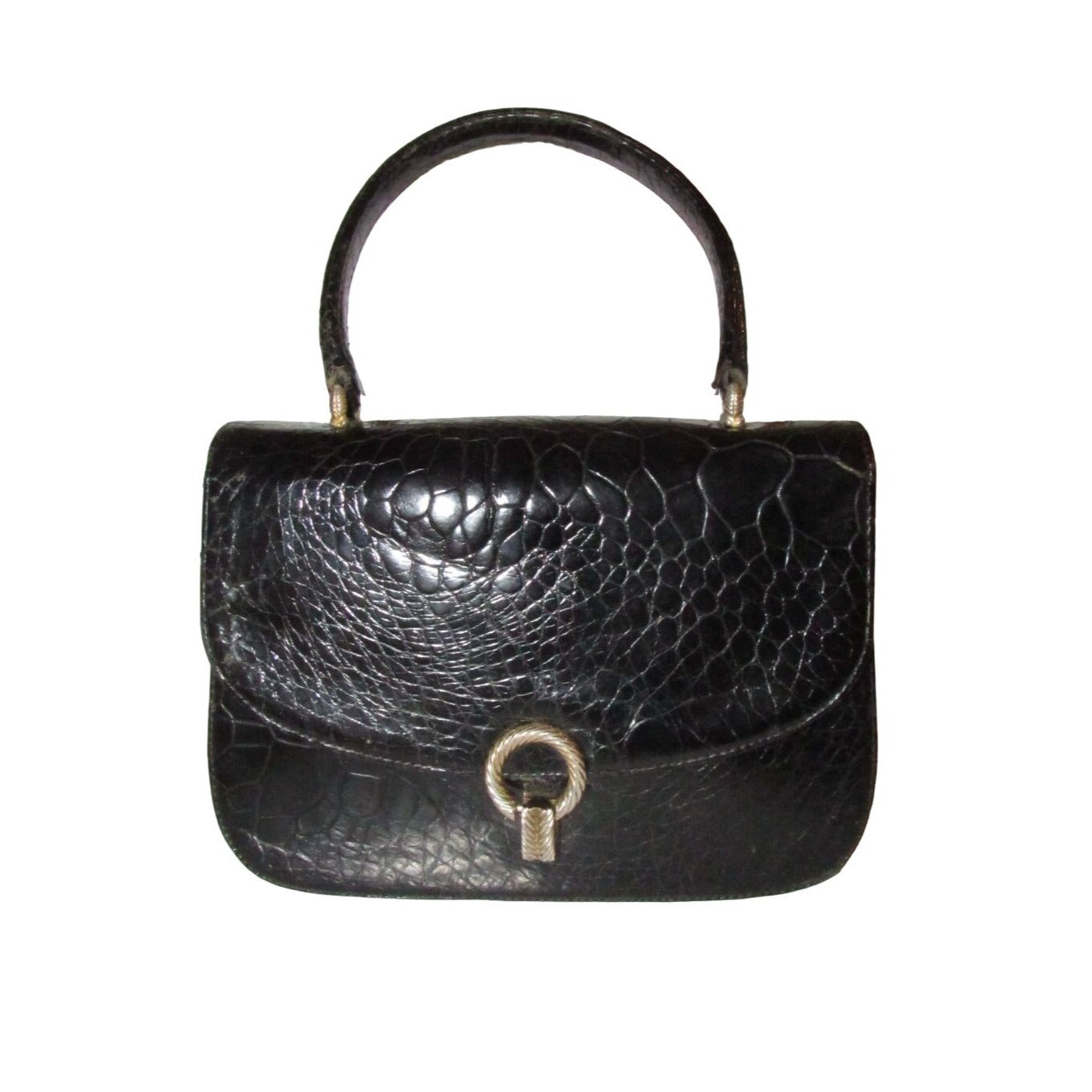 Giorgio GUCCI, Bamboo 1947 style, dark navy crocodile leather, top handle purse with sterling hardware, a boxy, structured shape, & an envelope style top