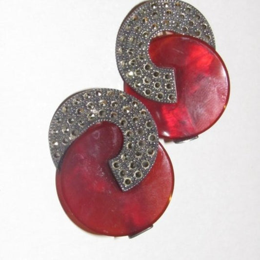 Art Deco Judith Jack Marcasite and Red Prystal Bakelite in Sterling Silver Clip On Earrings