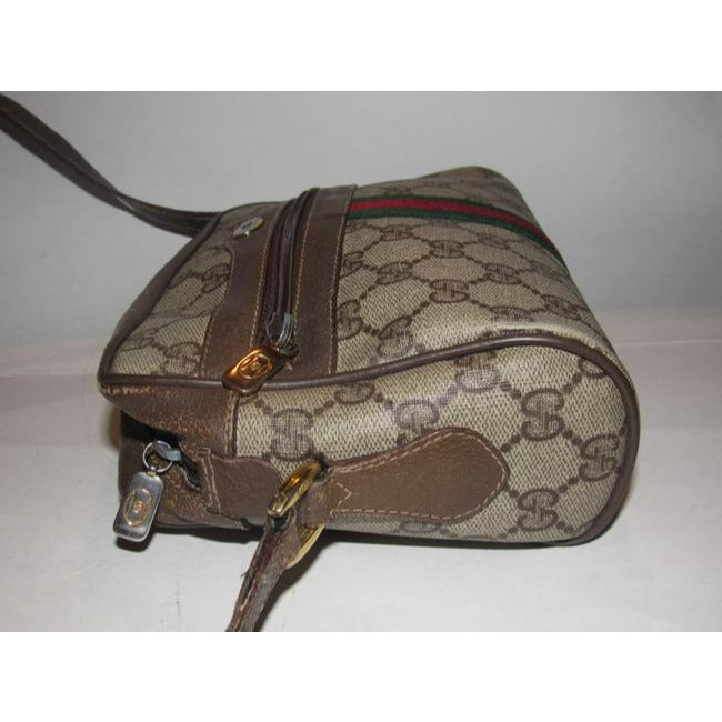 ON SALE! Gucci vintage brown Guccissima print coated canvas & brown leather, cross body with front zip pocket and red and green striped accent