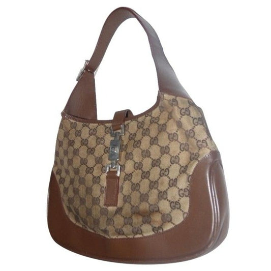 Gucci Jackie Vintage Style Shoulder Purse Brown Large G Logo Print Leather Canvas Hobo Bag