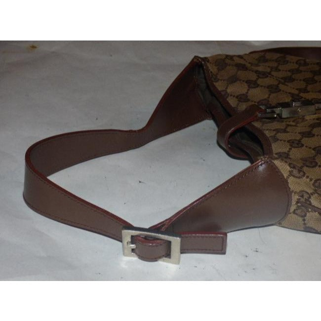 Gucci Jackie Vintage Style Shoulder Purse Brown Large G Logo Print Leather Canvas Hobo Bag