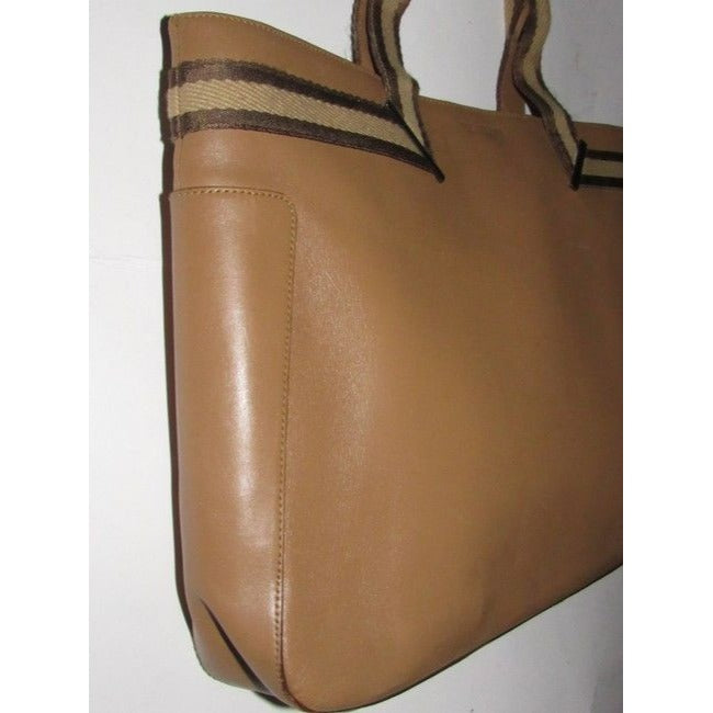 Gucci Vintage Tan Leather With Tan And Brown Striped Accents Fabric Handles