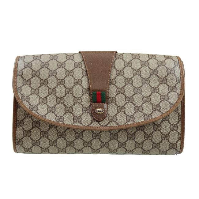 Gucci Accessory Collection Brown Guccissima Print XL Clutch w Red & Green Stripe