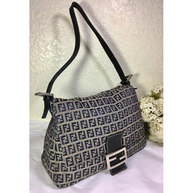 Fendi W Mamma Forever Canvasleather Chrome Ff Navy Zucchino Print On Grey Canvas And Leather Shoulde