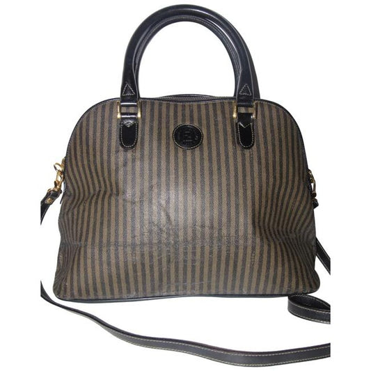 Fendi Xl Canvasleather Domed Top Two Way Brownblack Thin Stripe Print Leather And Coated Canvas Satc