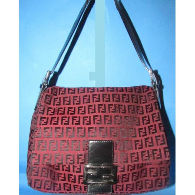 Fendi Mamma Zucco Zucchino Canvasleather Black Logo Print On Dark Red Canvas And Leather Shoulder Ba