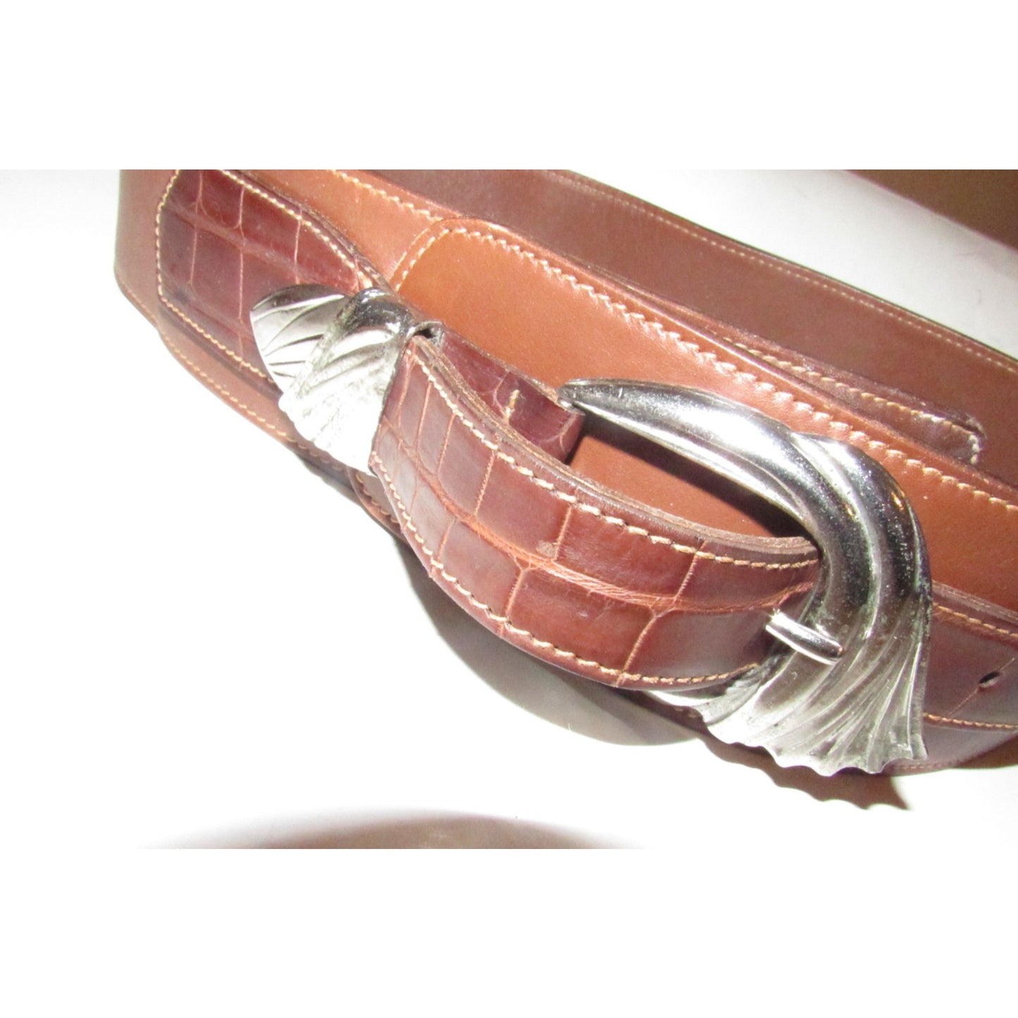 Vintage Gucci, wide, asymmetrical, brown crocodile & smooth leather belt with sterling silver hardware