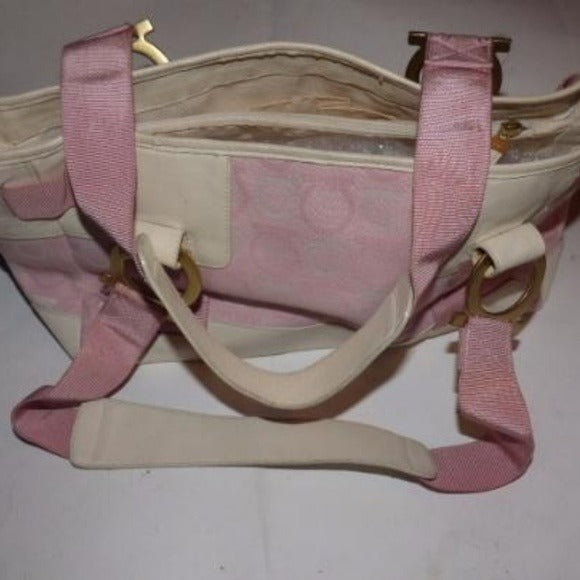 Vintage Ferragamo White Leather & Pink Fabric Gancini Print Satchel