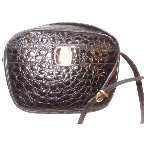 Salvatore Ferragamo Black Crocodile Embossed Leather With Gold Vara Accent Crossbody or Shoulder Bag