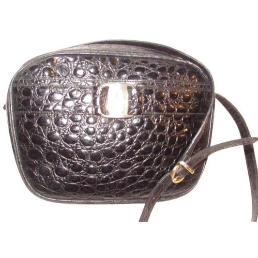 Salvatore Ferragamo Black Crocodile Embossed Leather With Gold Vara Accent Crossbody or Shoulder Bag