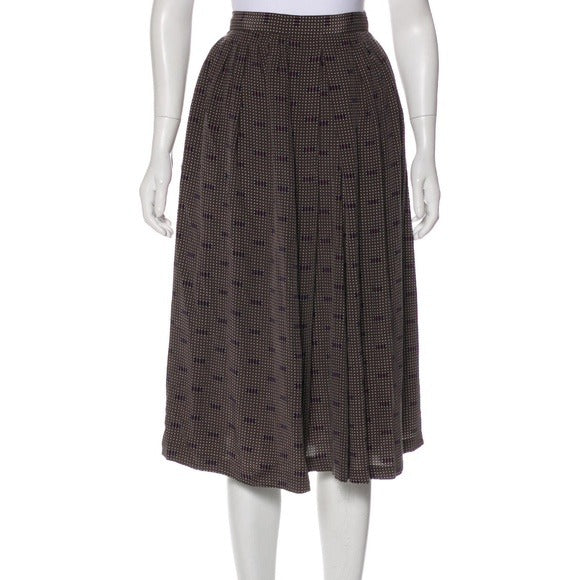 CHRISTIAN DIOR Olive Brown Silk Polka Dot Midi Skirt