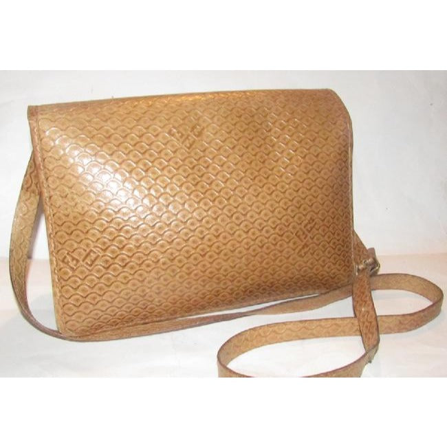 Fendi Clutch Early Sas Two Way Bodyshoulder Purse Camel Tooled Leather Embossed Or Cross Body Bag