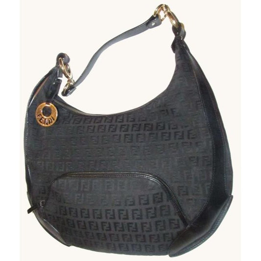 Fendi Chef Shoulder Purse Black Zucchino Or Small F Logo Print Canvas And Black Leather Hobo Bag