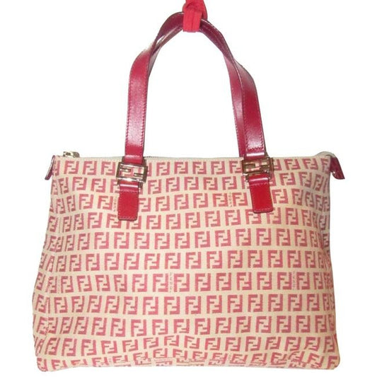 Fendi Top Handle Style Purse Red Zucchino Print On Tan Canvas And Leather Satchel