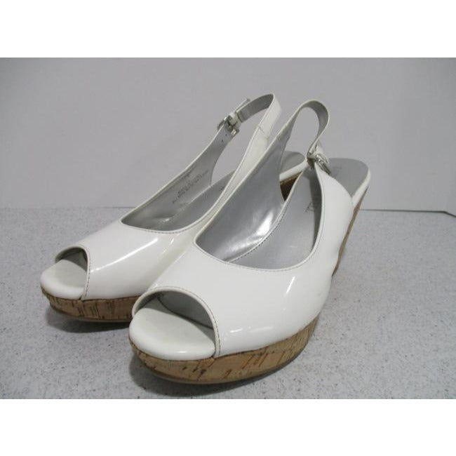 Lauren Blakwell White Patent Off Julie Slingback Peep Toe Cork Wedge Pumps Size Us