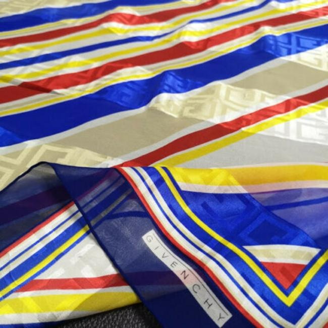 Givenchy Blue Red Gold Stripe Print Abstract Silk Scarf