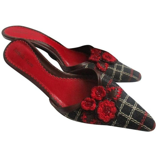 Isabella Fiore Black Red Brown Vintage Squared Pointed Toe Slip On Mulesslides Size Us