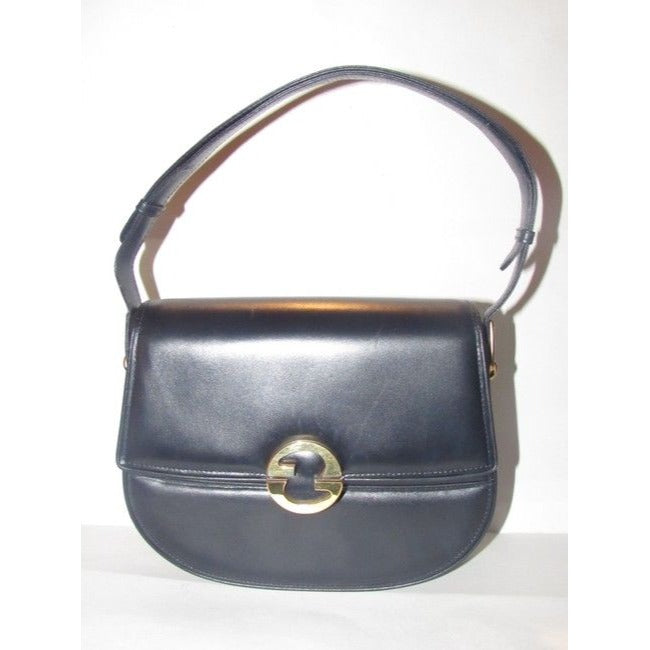 Vintage, RARE, Gucci, mod, deep blue leather, 1973 line , shoulder purse with bold gold tone accents