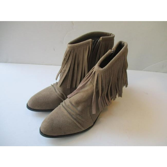 Bucco Tan Suede Round Pointed Toe Fringe Ankle Bootsbooties Size Us