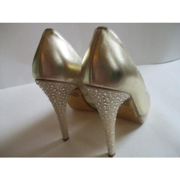 Mariah Carey Gold Champagne Rhinestone Embellished Peep Toe Stiletto Pumps