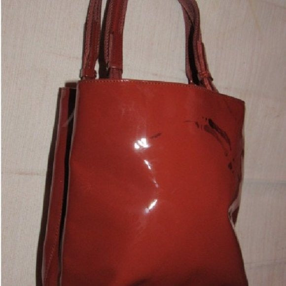 Prada Vintage Red Patent Leather And Pink Suede Petite Whipstitched Tote Bag