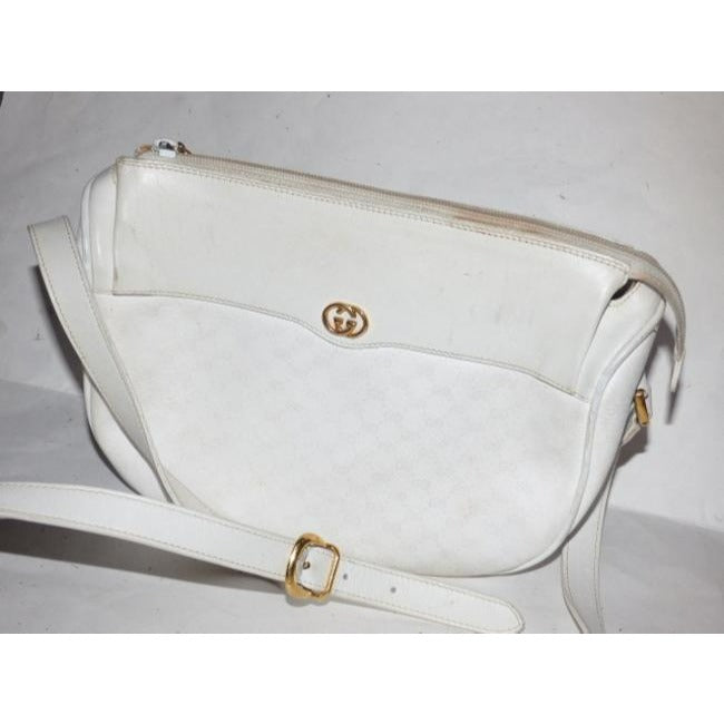 Gucci Webby Vintage Cross Body Crescent Shaped Purse White Micro Guccissima Leather And Coated Canvas