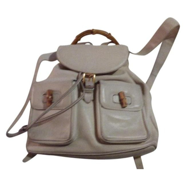 Gucci Vintage Pursesdesigner Purses White Leather With Bamboo Accents Backpack